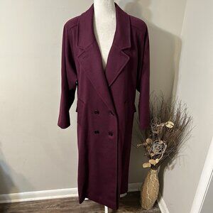 Vtg TRILOGI Women WORUMBO 100% Wool Coat Burgundy Lined Double Breasted Sz 14 ?!